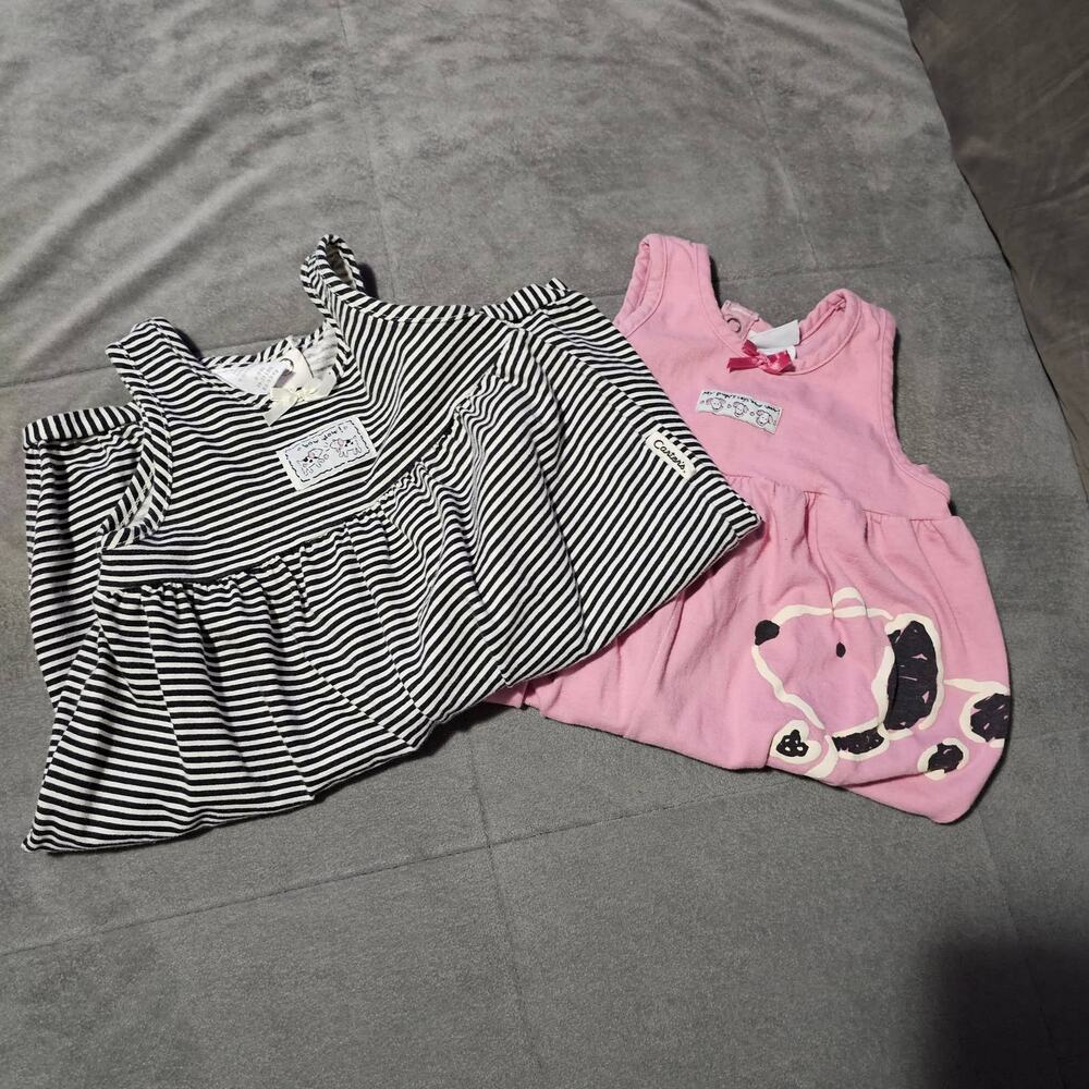 2 Vintage Carter One Piece Outfit Gray White Stipe Pink Puppy Dog 6 9 Months